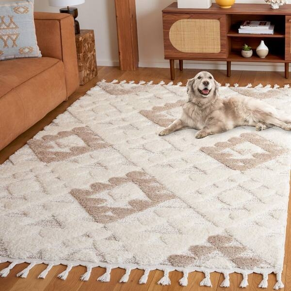 Area Rug High Low Shag Square Shape Ivory Beige Palette Geometric Diamond