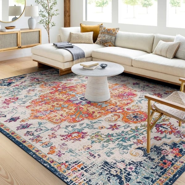 Area Rug High Low Texture Ivory Distressed Motif Modern Traditional