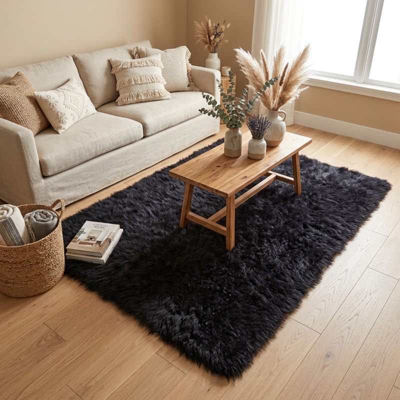 Area Rug High Pile Flokati Texture Long Strand Wool Like Matte