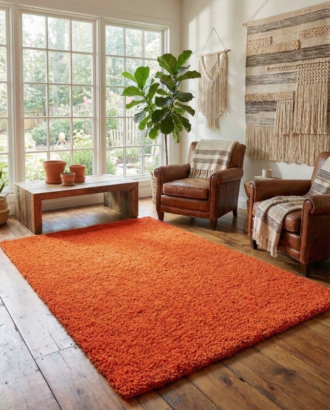 Area Rug: High Pile Plush Shag Texture, Solid Tiger Orange Hue Modern