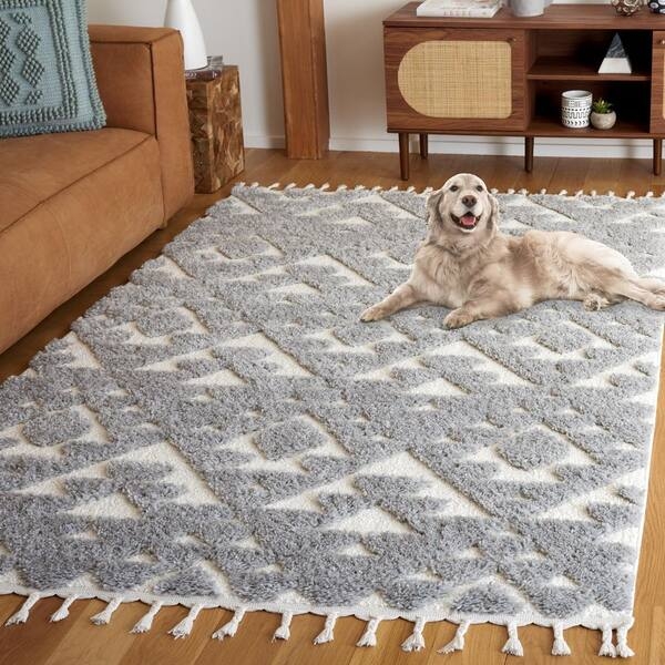 Area Rug High Pile Shag Braided Tassels Diamond Lattice Geometric Grey