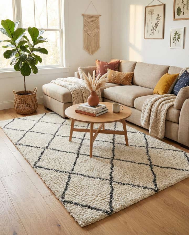 Area Rug High Pile Shag Ivory Trellis Pattern Moroccan Inspired