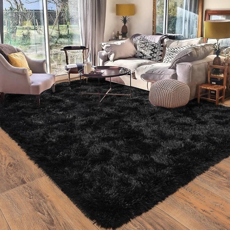 Area Rug High Pile Shag Plush Deep Black for Cozy Room