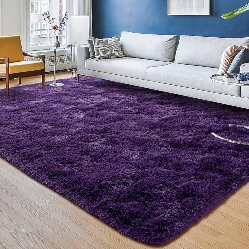 Area Rug High Pile Shaggy Saturated Purple Plush Minimalist
