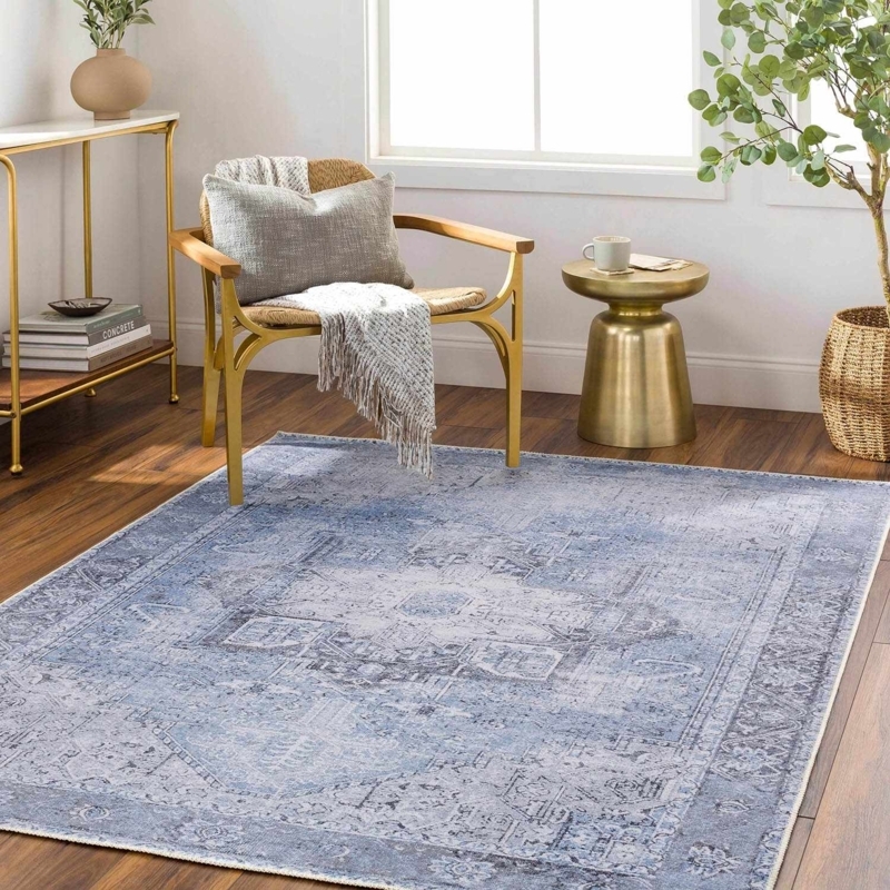 Area Rug Ice Blue Palette Distressed Oriental Transitional Decor
