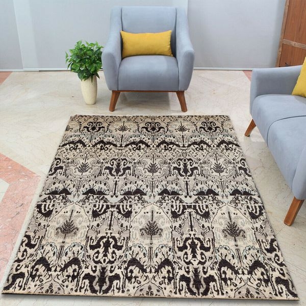 Area Rug Ikat Motif Floor Decor Teal Ivory Woven Low Pile
