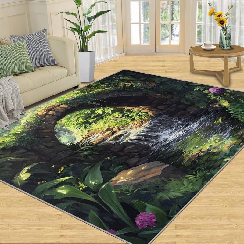 Area Rug Illustrative River Landscape Rustic Blue Green