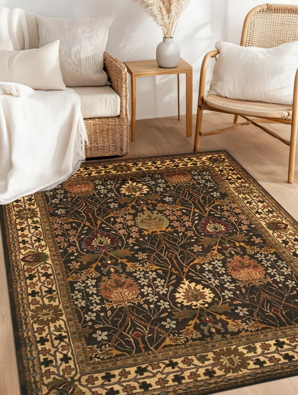 Area Rug in Chocolate Brown with Large Scale Ivory Botanical Motif.