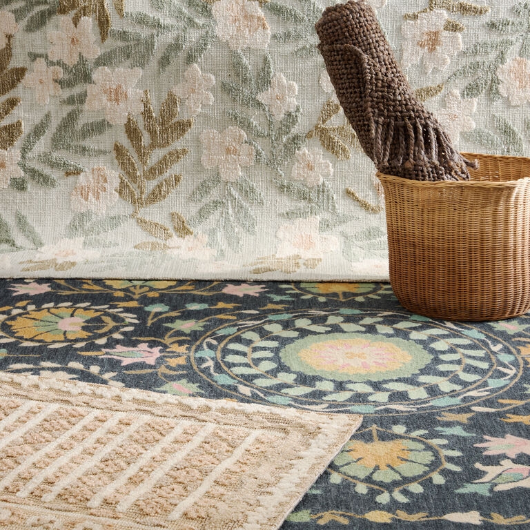 Area Rug in Slate Blue with Large Scale Botanical Floral Pattern.