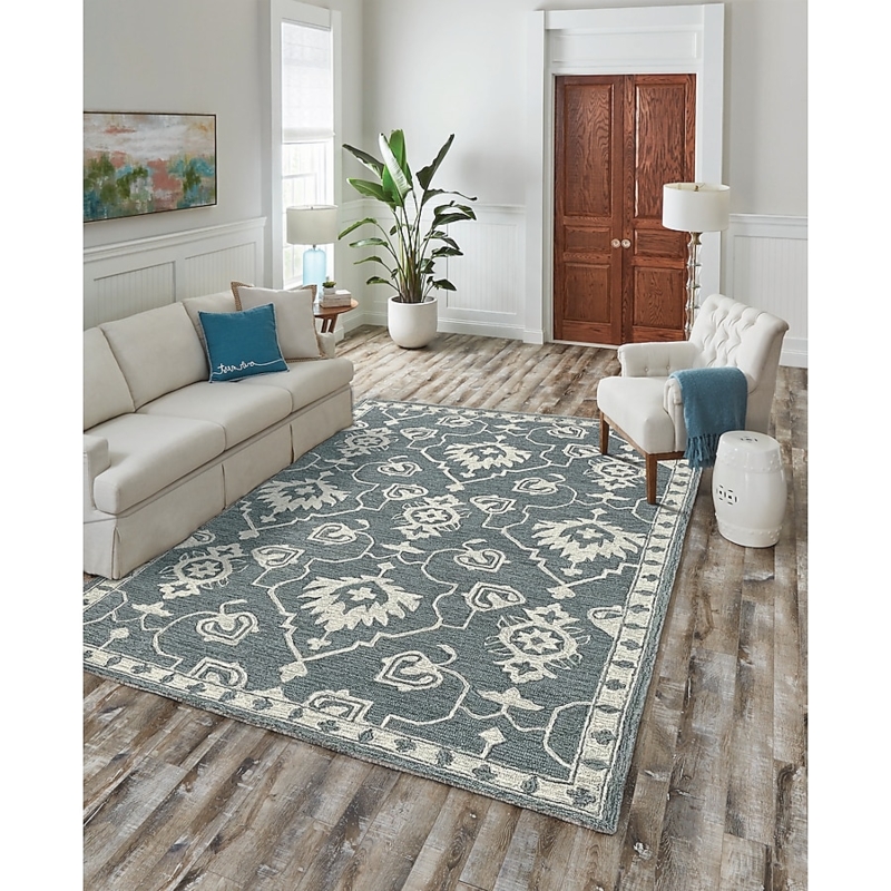 Area Rug Indigo Blue Wool Chambray Distressed Geometric Pattern