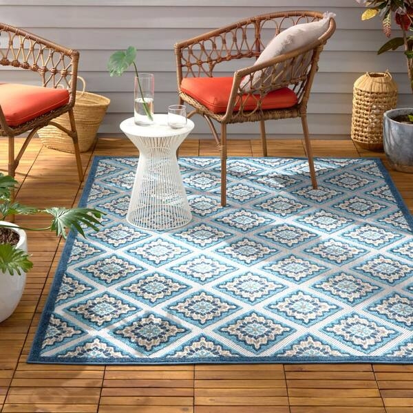 Area Rug Indoor Outdoor Versatility Overlapping Geometric Motifs Blue