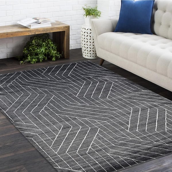 Area Rug Industrial Charcoal Gray Distressed Linear Hand Loomed