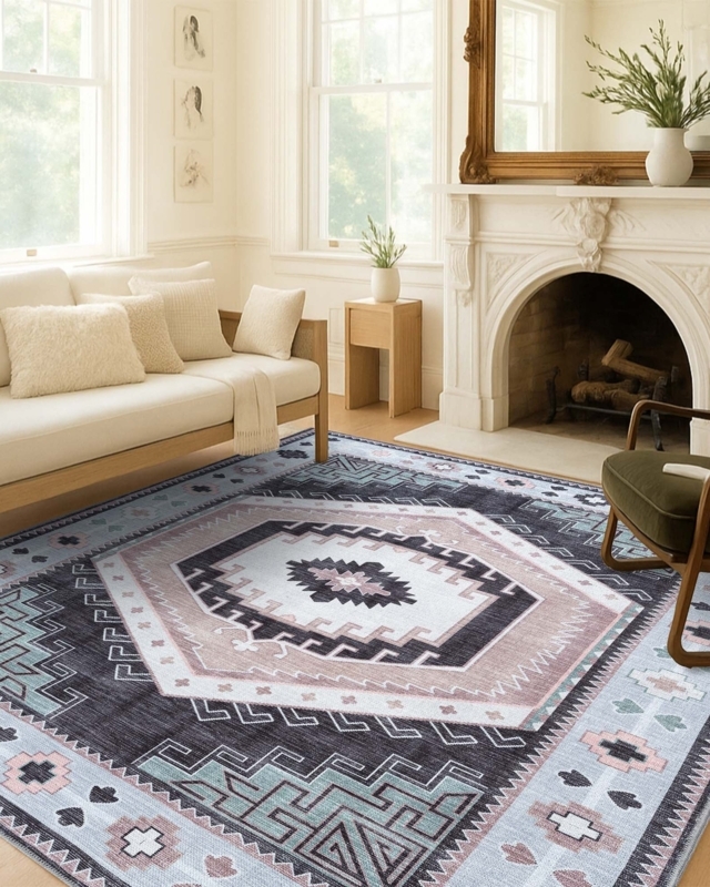 Area Rug, Industrial Distressed Abstract, Mottled Grey & Beige