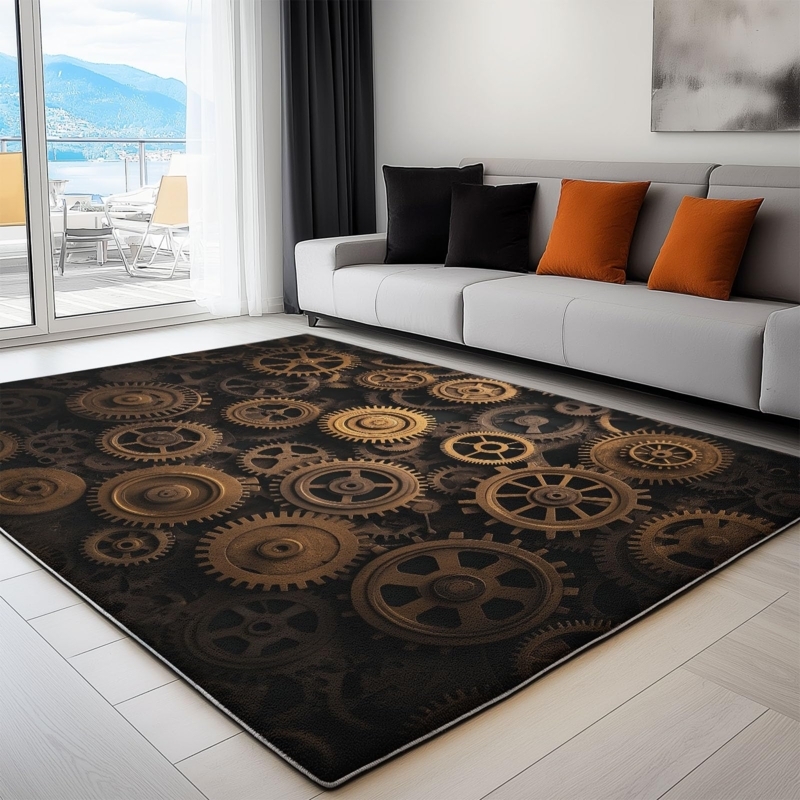 Area Rug, Industrial Gear Motif, Large Scale Rust Patina Print