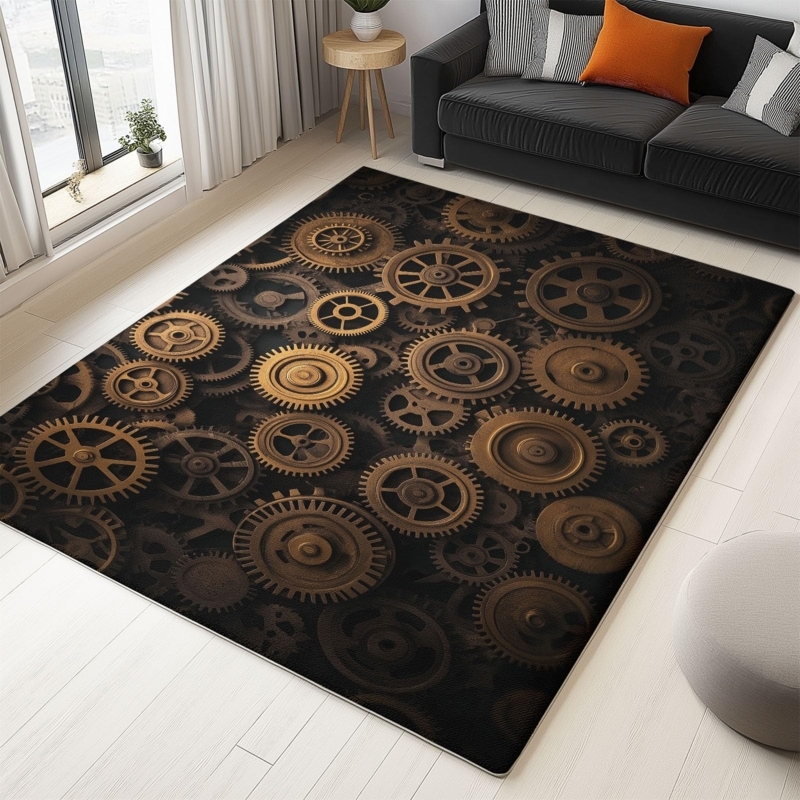 Area Rug, Industrial Gear Pattern, Rust & Teal, Low Pile Steampunk