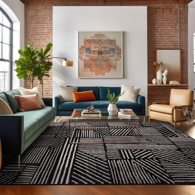 Area Rug, Industrial Geometric Lattice, High Contrast Ivory & Black