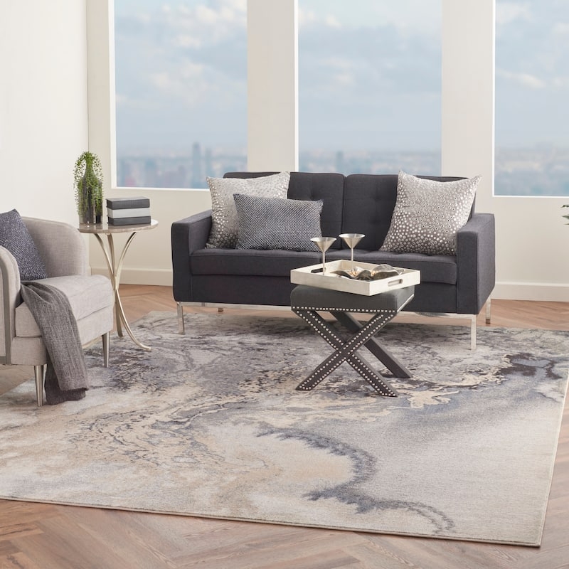 Area Rug Ink Blot Design Painterly Motif Charcoal Silver Artistic Styling