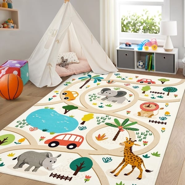 Area Rug Integrated Road Track Animal Illustrations Map Pattern