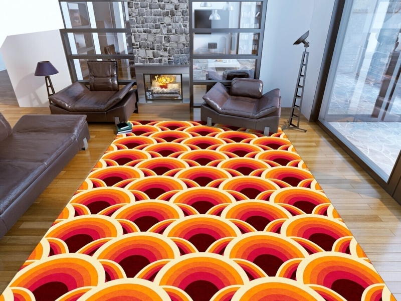 Area Rug Interlocking Arcs Bold Orange Palette Groovy Retro 70s Pattern