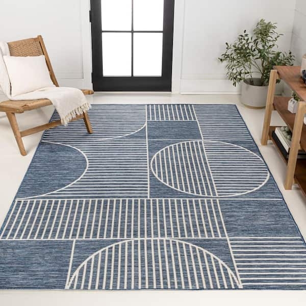 Area Rug Interlocking Lines Navy Cream Palette Indoor Outdoor Flatweave