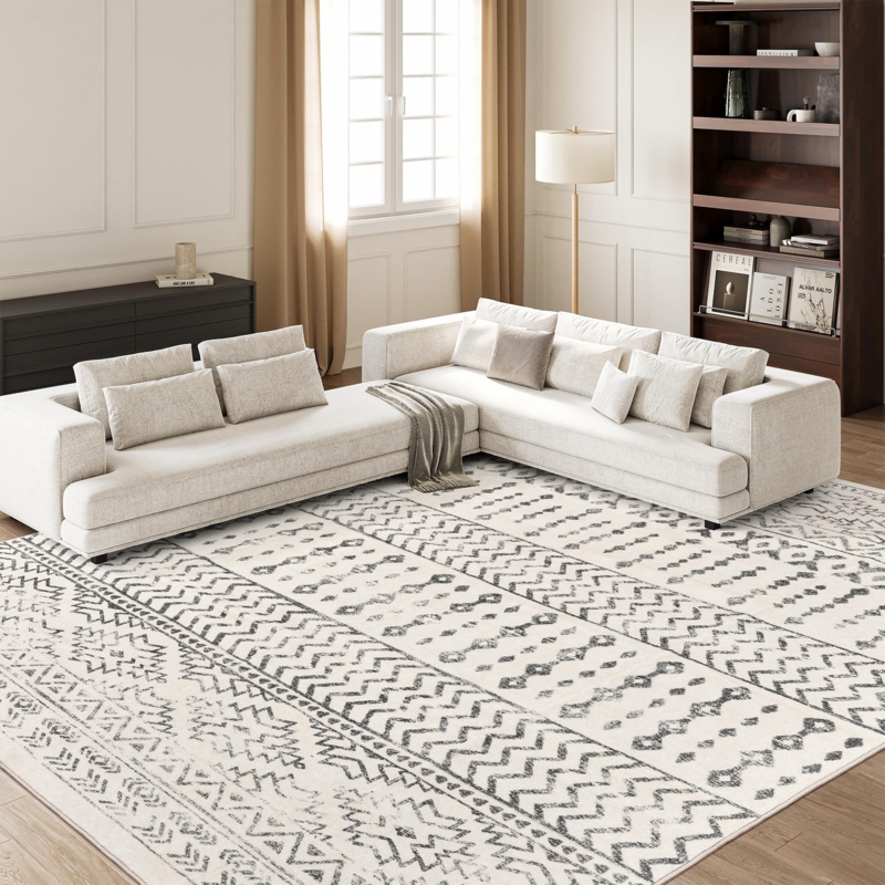 Area Rug, Ivory and Black Diamond Lattice, Minimalist Boho Style