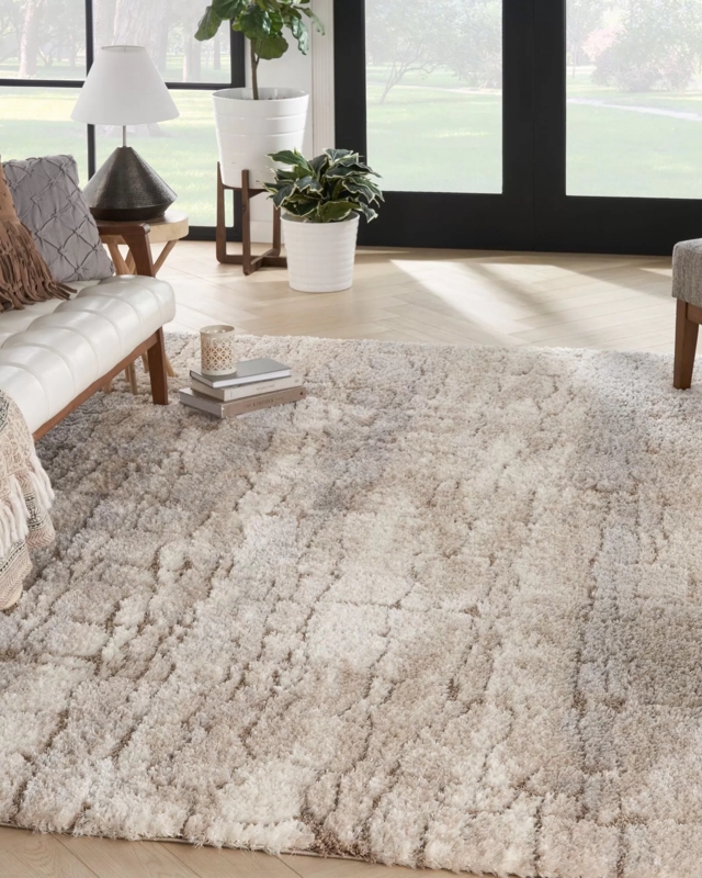 Area Rug: Ivory Beige Shag Fluid Abstract Organic Shapes