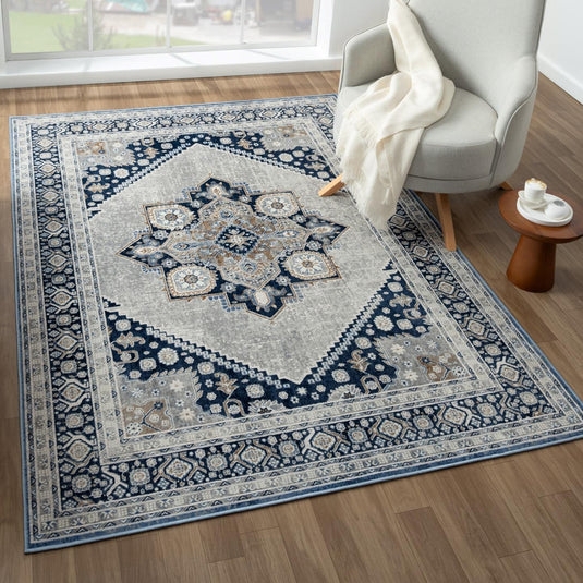 Area Rug Ivory Distressed Medallion Gray Accents Modern Traditional