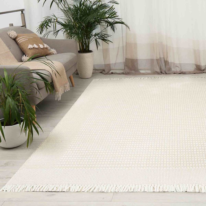 Area Rug Ivory Flatweave Diamond Weave Fringed Tassels Boho Chic