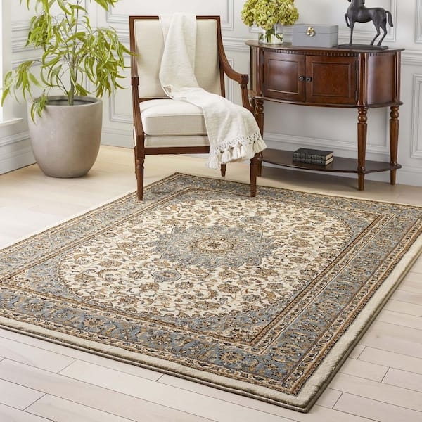 Area Rug Ivory Floral Medallion Traditional Teal Accents
