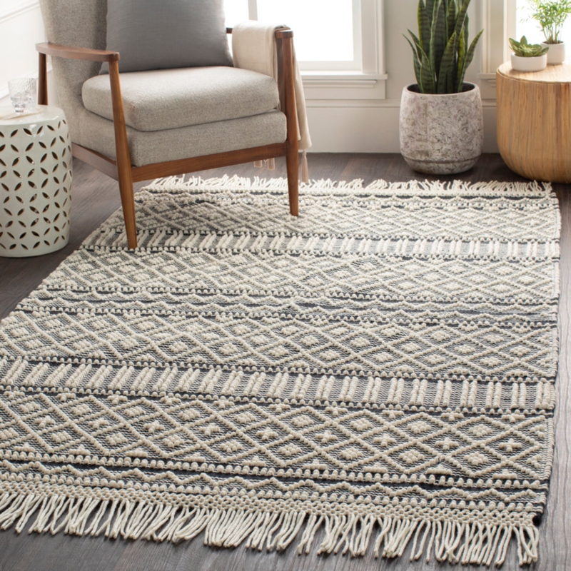 Area Rug Ivory Geometric Lattice Braided Tassels Neutral Farmhouse Decor