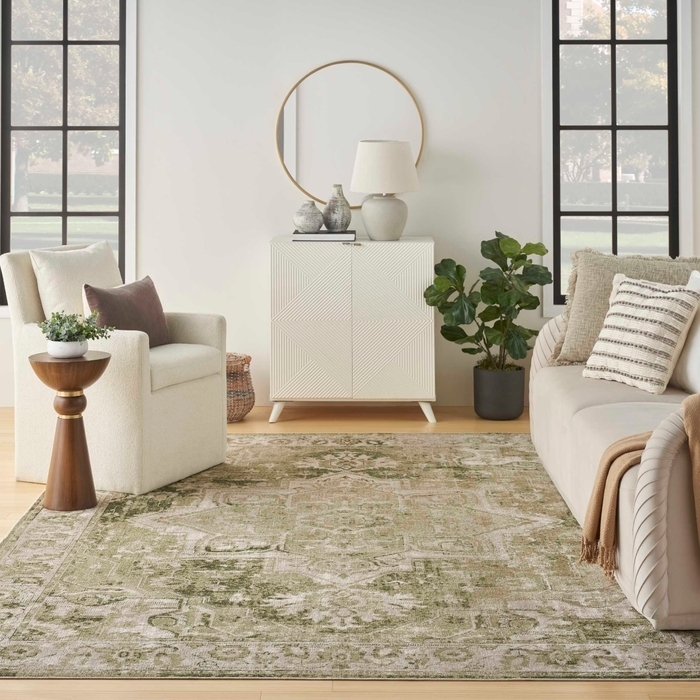 Area Rug Ivory Green Abstract Watercolor Washable Scandinavian Modern