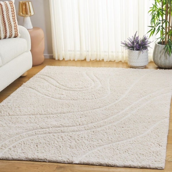 Area Rug: Ivory Sculpted High-Low Pile Swirl Pattern Shag