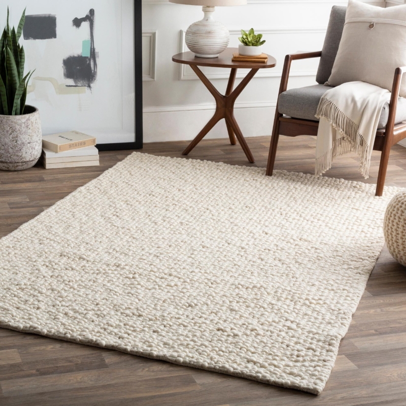 Area Rug Ivory Wool Carved Geometric Pattern Tone on Tone Texture Modern