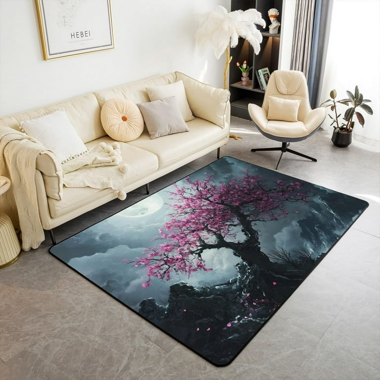 Area Rug Japanese Aesthetic Cherry Blossom Moon Landscape