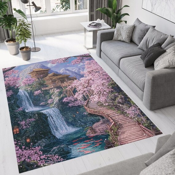 Area Rug Japanese Garden Pictorial Zen Sakura Blossom