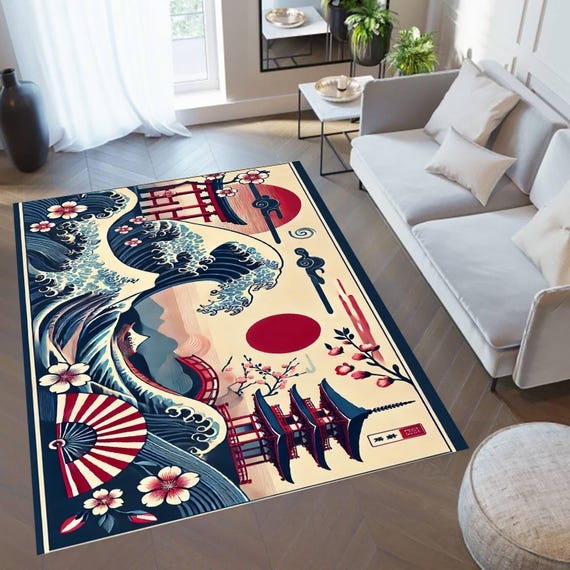 Area Rug Japanese Wave Design Cherry Blossom Navy White Japandi