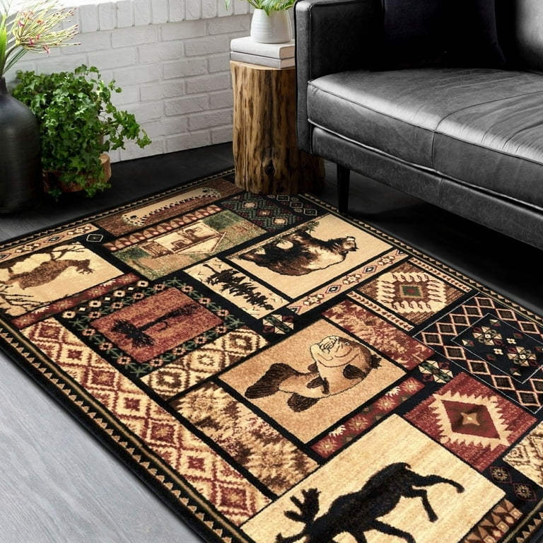 Area Rug Jumping Fish Motifs Pinecone Border Details Forest Green