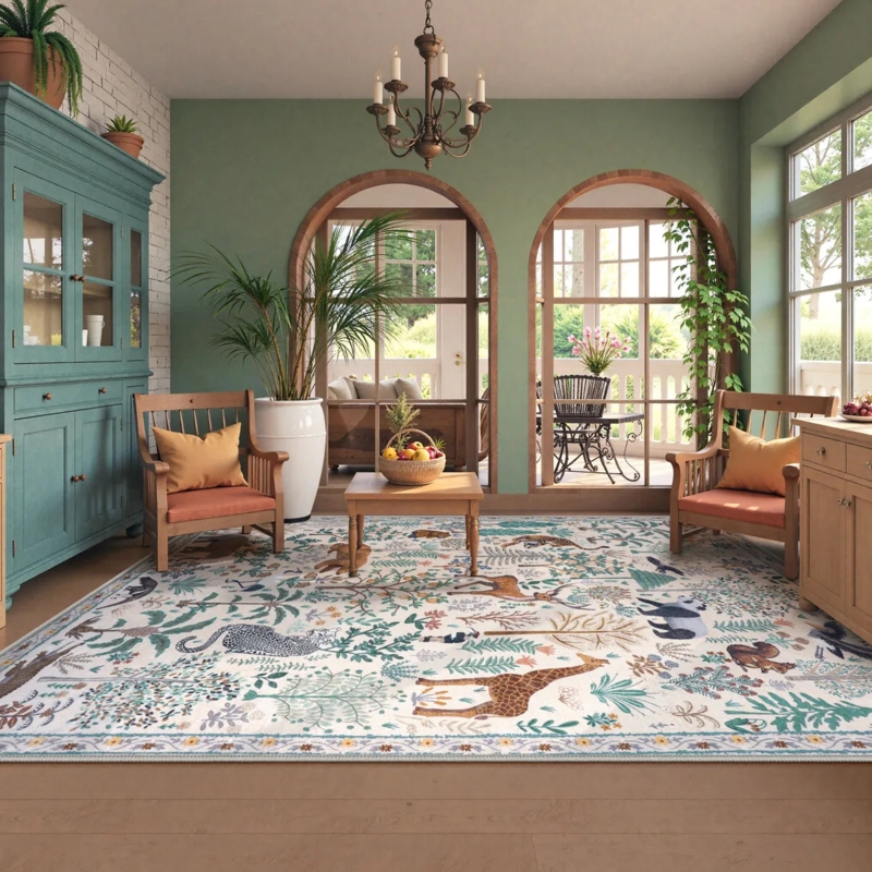 Area Rug Jungle Animal Illustrations Neutral Beige Ground Washable