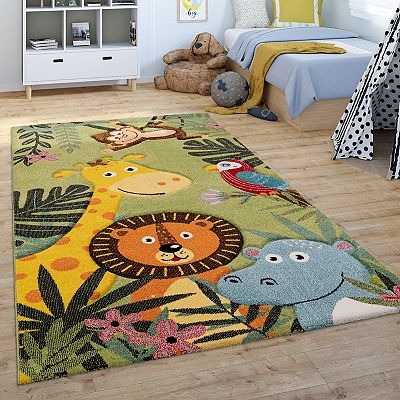 Area Rug Jungle Animal Motifs Muted Green Field Low Pile