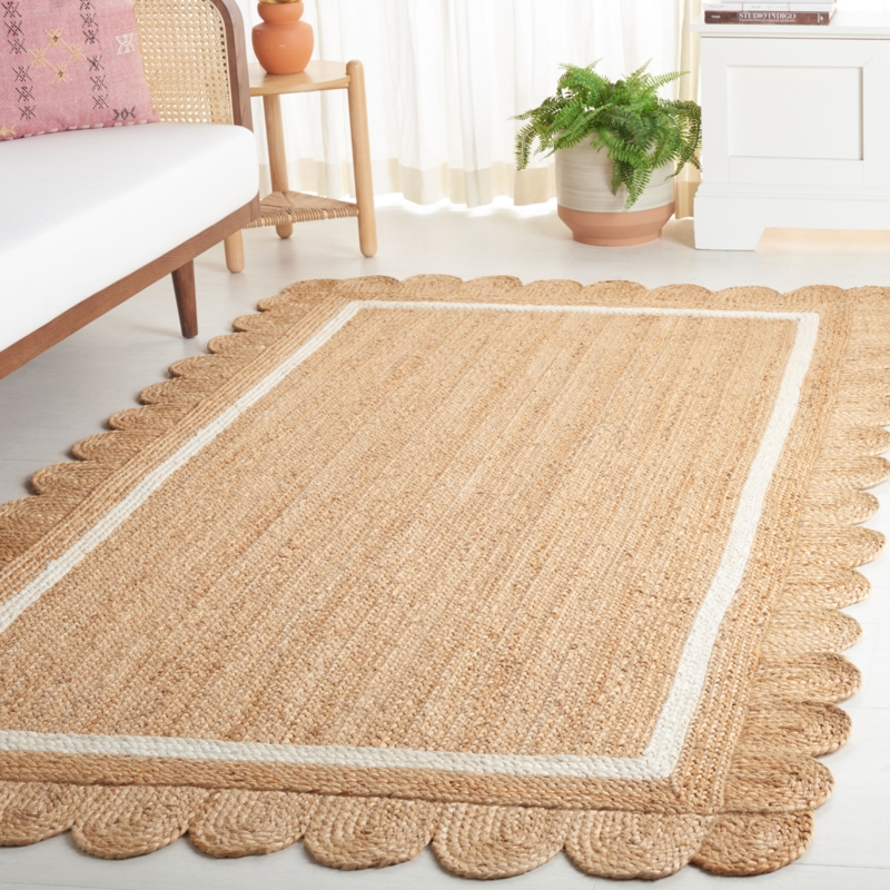 Area Rug Jute Look Natural Tan Ivory Scalloped Edge Braided