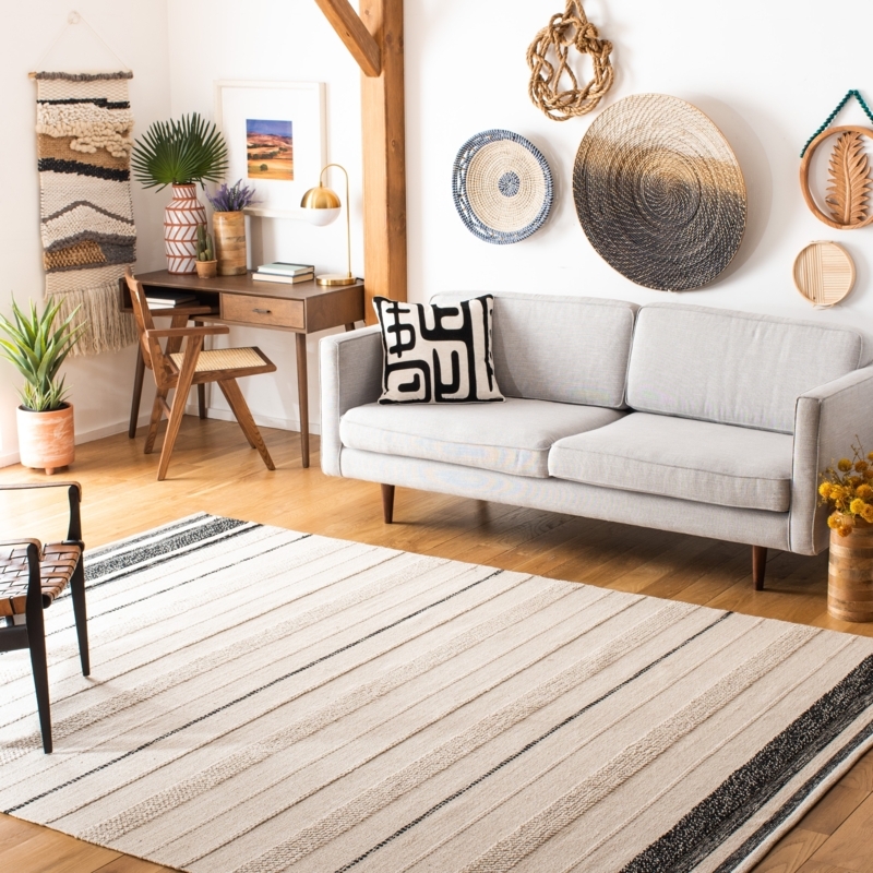 Area Rug Kilim Flatweave Navy with Rust Accent and Fringe