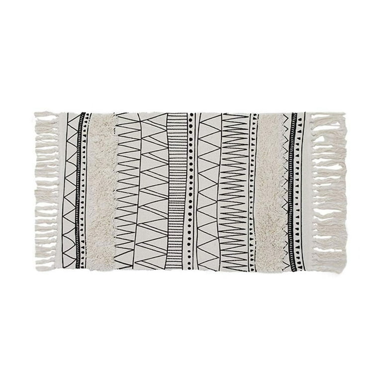 Area Rug Knotted Fringe Tribal Geometric Pattern Small Scale Boho Ivory