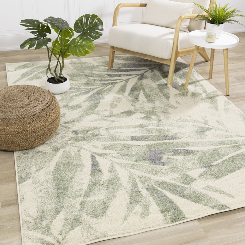 Area Rug Large Botanical Print Muted Tropical Floral Cream