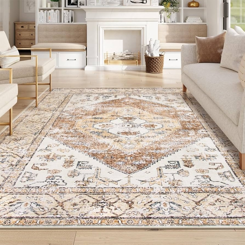 Area Rug Large Distressed Medallion Taupe Ultra Thin Profile