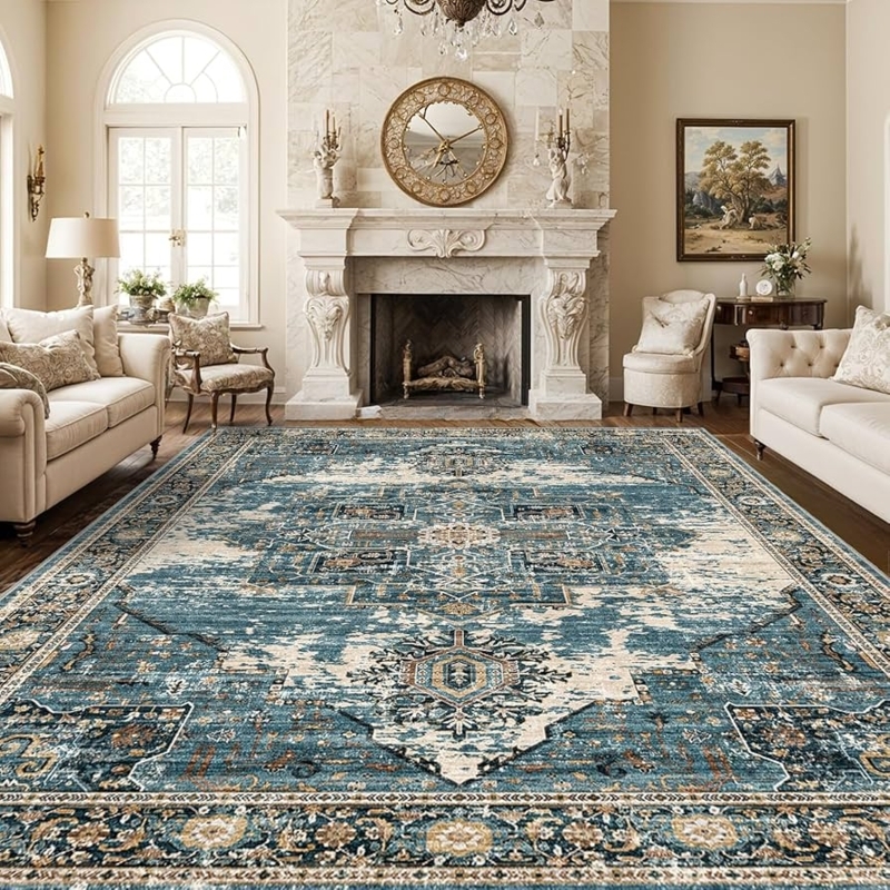 Area Rug Large Distressed Vintage Look Muted Blue