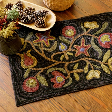 Area Rug Large Floral Blooms Navy Background Cottage Hooked Texture