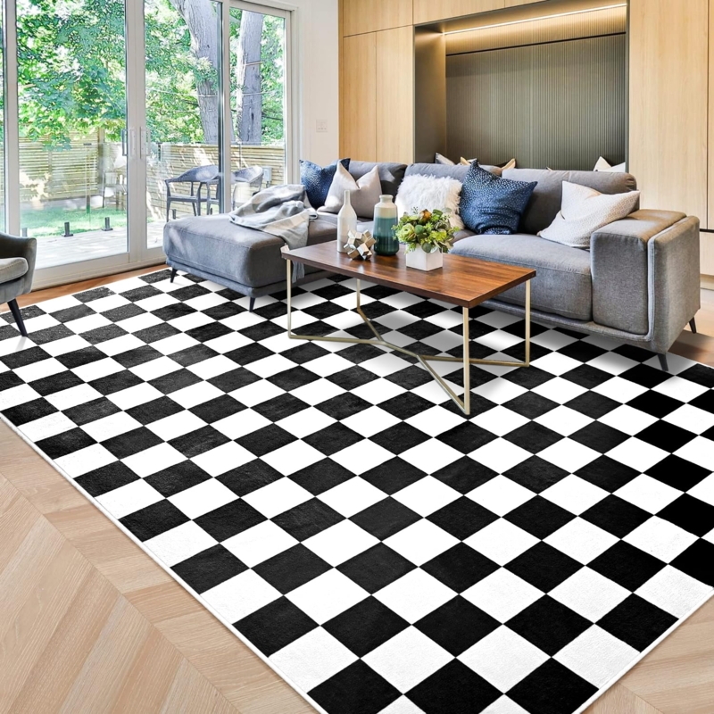 Area Rug: Large Scale Black And White Low Pile Graphic Focal Point