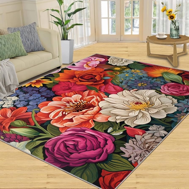 Area Rug Large Scale Blossoms, High Contrast Palette, Botanical Pattern, Eclectic