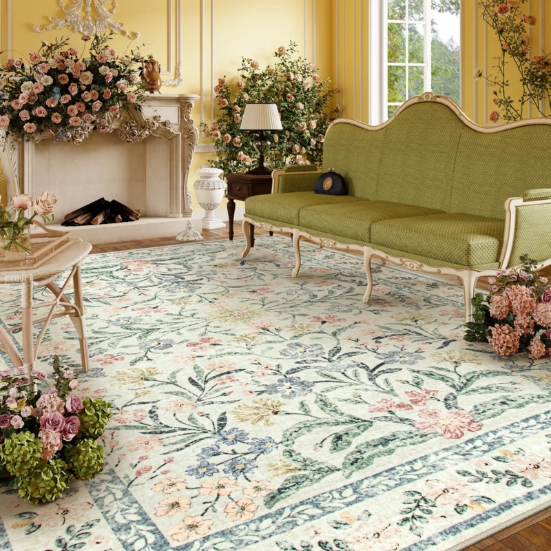 Area Rug Large Scale Botanical Beige Muted Vintage Styling