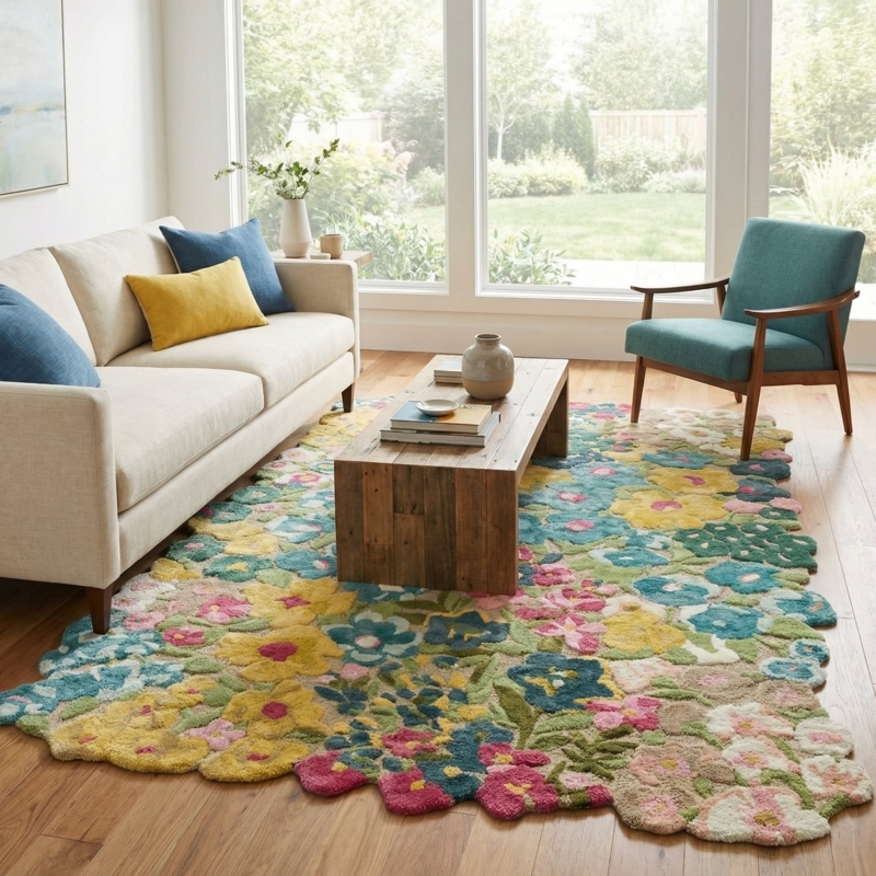 Area Rug Large Scale Botanical Pattern Teal Blue Garden Inspired